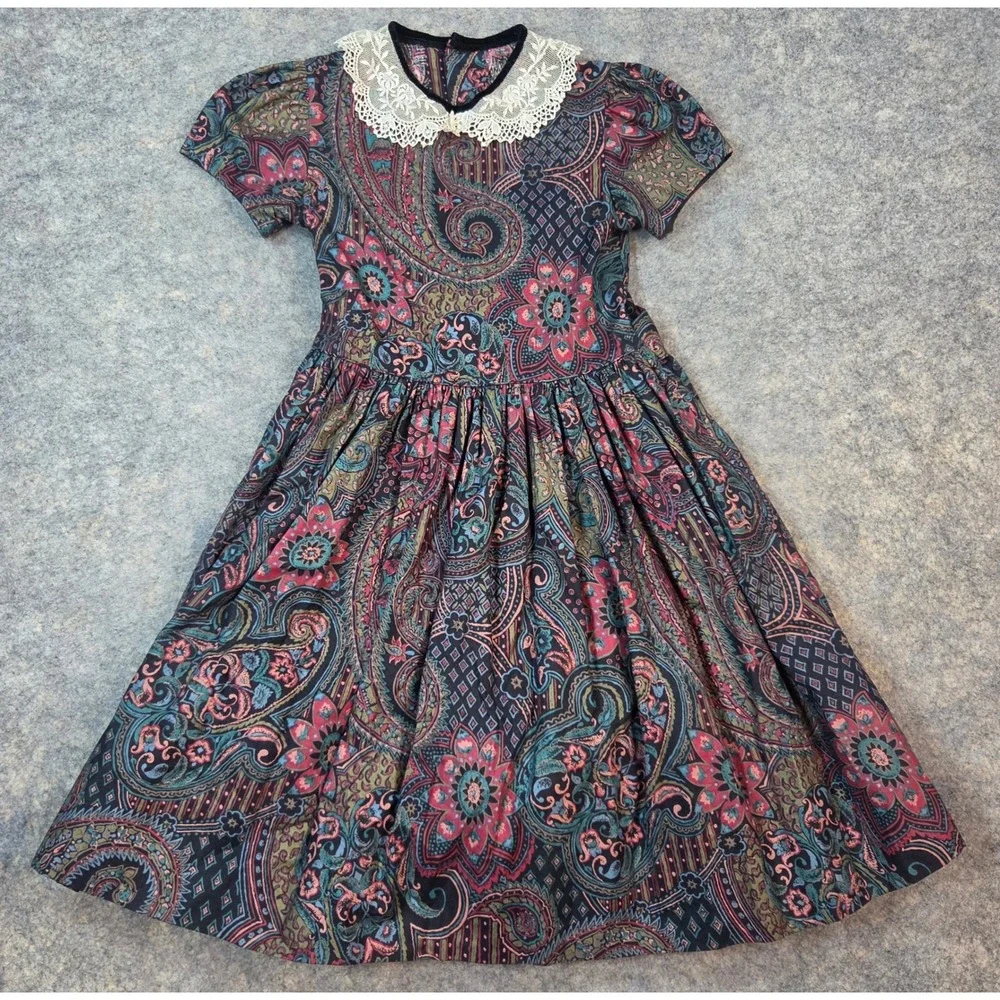 Jayne Copeland True Vintage Girls Floral Lace Collar Dress Sz 6X USA Cottagecore
